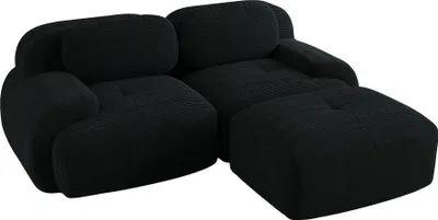 Image de Canapé d'angle 82'' en velours côtelé doux, combinable de manière modulaire avec des accoudoirs courbés, sans montage, rembourrage en mousse hautement élastique, noir