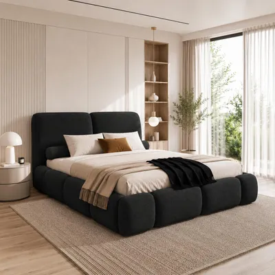 Image de Lit rembourré AURIO avec coffre de rangement, dimension 120x200, lit double avec espace de rangement et sommier à lattes, aspect lit à ressorts, sans matelas, chambre à coucher - noir