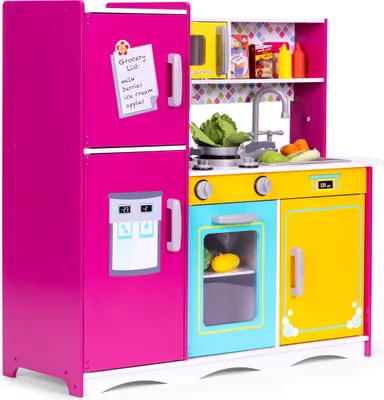 Produktbild von Holzküche für Kinder farbenfroher aufklappbarer Kühlschrank Backofen Mikrowelle ECOTOYS