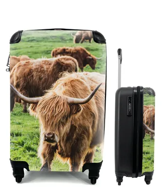 Produktbild von MuchoWow® Koffer Handgepäck Trolley Rollkoffer Kleine Reisekoffer mit 4 Rollen - Schottischer Hochländer - Kühe - Gras - Cabin Size < 55x40x23 cm & 55x40x20 cm - Fotokoffer - Kabinenkoffer - Boardgepäck - Reise-Box - Reisekoffer - Reisegepäck - Koffer mit Bild - Trolley für Kinder