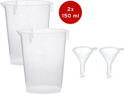 Produktbild von 2x Messbecher 150 ml + 2x Mini Trichter zum Abfüllen und Umfüllen von Flüssigkeiten