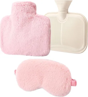 Produktbild von Wärmflasche mit Bezug und Schlafmaske, 1 Liter Wärmflasche, Abnehmbar und waschbar, Auslaufsicher Naturkautschuk, Wärmflasche Handwärmer für Erwachsene und Kinder, Geschenk für