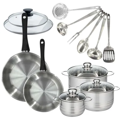 Image de Batterie de cuisine 2 poêles 24/28 cm et couvercles, 3 faitouts 16/20/24 cm et 6 ustensiles Fackelmann Geneva