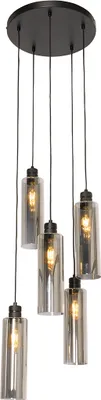 Produktbild von QAZQA - Moderne Hängelampe I Pendellampe I Pendelleuchte schwarz mit Rauchglas 5-flammig Lichter - Stavelot I Wohnzimmer I Schlafzimmer - Rund - LED geeignet E27
