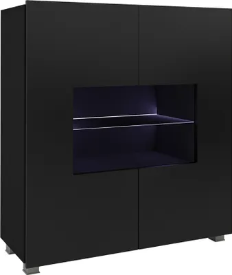 Produktbild von Highboard mit Glasböden und Glasrahmentür in schwarz Hochglanz CAIRNS-132, B/H/T ca. 100/107/35 cm