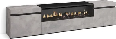 A modern TV cabinet with a built-in electric fireplace, shown against a white background.