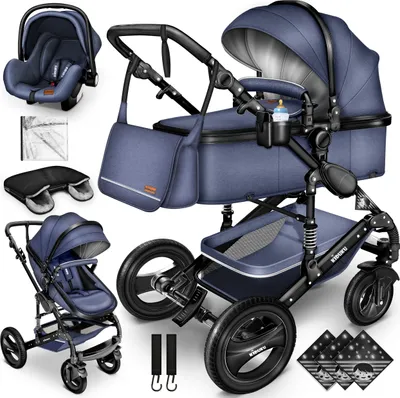 Produktbild von KIDUKU® 3 in 1 Kombi Kinderwagen Blau/Schwarz Buggy Reisebuggy inkl. Auto- Babyschale Faltbar ECE R129