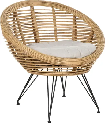Produktbild von BELIANI Gartenstuhl Natürlich Rattan mit Schwarzem Metallgestell Auflage Hellbeige Stoff Boho-Stil Garten Outdoor Indoor Terrasse Ausstattung Möbel
