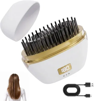 Image de Mini fer à lisser sans fil, brosse lissante pour cheveux, fer à lisser portable rechargeable par USB, brosse lissante avec 3 niveaux de température