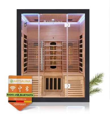 Produktbild von Artsauna Infrarotkabine Helsinki 150 Dual Technologie, LED - Infrarotsauna 150x150 cm - 1 Bank, 2 Liegen für 3 Personen - Wärmekabine Schwarz Black
