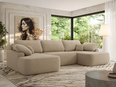 Produktbild von MKS MEBLE U-förmige Eckcouch, Wellenfeder, Ecksofa mit Schlaffunktion, Bettkasten und lose Kissen, 370x187x100cm - CUBO U - Hellbraun Boucle