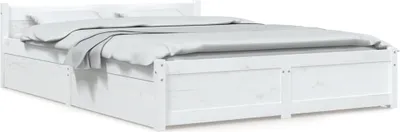 A white wooden bed with drawers, shown from a side angle with bedding.