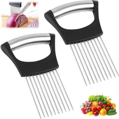 Productafbeelding van Ibenzoa® RVS set van 2: uienhouders en snijhulpmiddelen – roestvrij staal, ergonomische antisliphandgrepen, geschikt voor uien, groenten en vlees