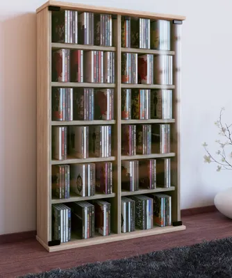 Produktbild von VCM CD Regal Holz | CD Schrank mit ESG-Sicherheitsglastüren für 300 CDs oder 130 DVDs oder 72-Videos| Maße: H. 92 x B. 60 x T. 18 cm | Elegantes DVD Regal | Blu ray Regal | CD Regal - Roma