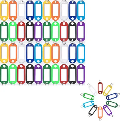 Produktbild von 50er-Pack robuste Schlüsselanhänger aus Kunststoff mit geteiltem Ring-Etikettenfenster, verschiedene Farben