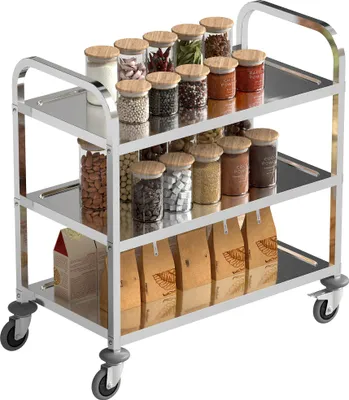 Image de HOMCOM Chariot de service desserte de cuisine à roulettes 3 étagères 90,5L x 50,5l x 88,2H cm acier inox. chromé