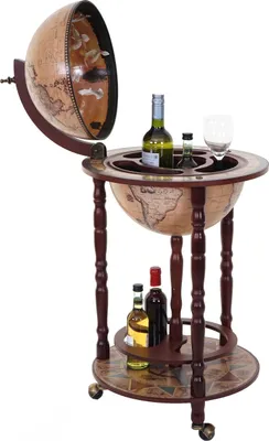 Zdjęcie produktu dla Globe bar HWC-D83, minibar domowy stojak na wino, globus Ø 33cm zwijany drewno eukaliptusowe MVG ~ brązowy
