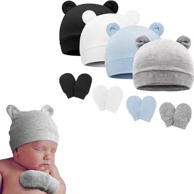 Image de Ensemble de moufles pour bébé - Pasgeboren - Mutsen - Taille unique - Convient aux garçons et aux filles - Blanc, noir, gris, bleu