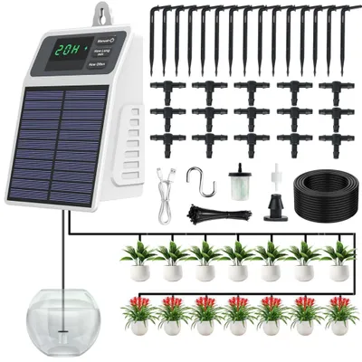 Produktbild von Bewässerungssystem Solar Tropfbewässerung Set automatisch mit Akku, USB-C, 15 Tropfern, 10 m Schlauch, 30 Modi für Garten Balkon Hochbeet Gewächshaus