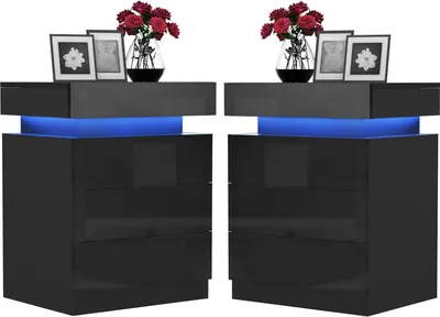 Produktbild von 2x Nachttisch mit LED,Schwarz Hochglanz Nachtschrank mit Verstecktem Schublade,Beistelltisch Nachtkommode für Wohnzimmer,Schlafzimmer 40x35x61cm