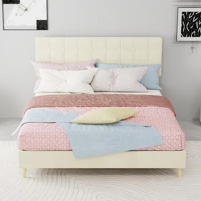 Productafbeelding van Zerbaco gestoffeerd tweepersoonsbed, 140x200 cm, beige, met bedopslag, inclusief lattenbodem, exclusief matras