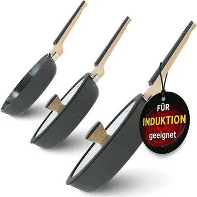 Produktbild von Pela Welle® Pfannenset Induktion, 3 beschichtete Pfannen mit 2 Deckeln, schwarz | Bratpfanne Induktion [5-teilig Keramik], Pfannenset mit Deckel