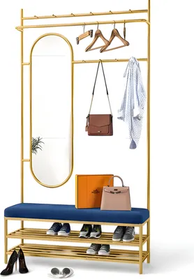 Produktbild von Kleiderständer mit Bank Spiegel und doppeltem Schuhregal mit goldenen Details