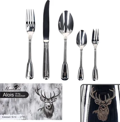 A set of cutlery displayed against a white background, with a packaging box showing a deer illustration.