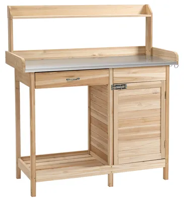 Produktbild von Pflanztisch/Gartentisch mit 2 Ablagen, Schublade, Schrank und verzinkter Stahlblechplatte