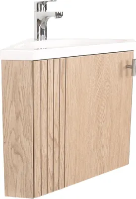 Image de Ensemble meuble lave-mains d'angle décor chêne KODA + robinet
