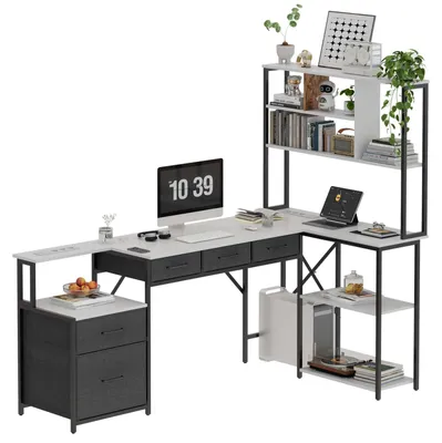 Zdjęcie produktu dla AIORBER – narożne biurko w kształcie litery L z półką na monitor i listwą z gniazdkami, biurko komputerowe z 4 szufladami do domowego biura, solidne biurko, białe
