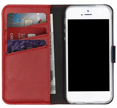 Imagen del producto de Funda de Cuero Auténtico tipo Libro para Apple iPhone SE (2016) / 5 / 5s - Rojo