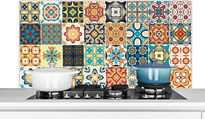 Produktbild von KitchenYeah® Spritzschutz Küche - Küchenrückwand - Wandschutz für Herd und Spüle - Blumen - Vintage - Muster - Blau - Orange 120x60 - Alu-Dibond (Alternative zum Spritzschutz aus Glas) - Hitzebeständ