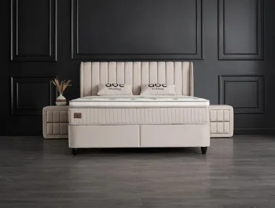 Produktbild von Boxspringbett Mabel 160 x 200 cm mit 2 Nachtkonsolen Beige Voll-orthopädisches Komfortbett mit Bettkasten, Stauraum, inkl. Lieferung und Montage