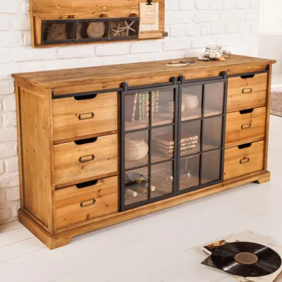 Produktbild von riess-ambiente Massives Sideboard HERITAGE 150cm natur Pinienholz Industrial-Türen Metall Vitrine Kommode Schrank Wohnzimmerschrank