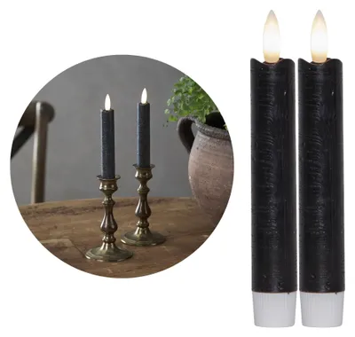Produktbild von Stabkerzen LED mit Timer SCHWARZ 2er indoor mit Timer Funktion 6 Stunden ECHTWACHS 15cm Höhe für Kerzen 2,2cm Durchmesser 2 AAA Batterien notwendig LED Stabkerzen flackernde Flamme bewegliche Flamme