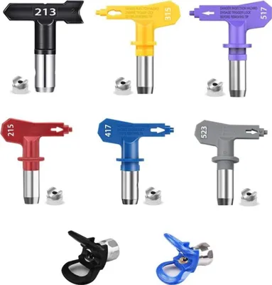 Produktbild von Airless-Farbspritzpistolen-Düsen-Set. Sprühspitzen für Airless-Sprüher, wendbare Airless-Farbsprühdüsenspitzen, 6 Stück mit 2 Düsensitzen. (8 Stück)