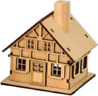 Ein kleines, aus Holz gefertigtes Räucherhäuschen. Es ist im Stil eines Fachwerkhauses gestaltet.