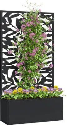 Image de Outsunny Jardinière avec treillis, brise-vue paravent, jardinière extérieure métal sur pieds ou murale, motifs de feuilles pleines, bac à fleurs rectangulaire balcon terrasse patio, 61x23x113 cm, noir