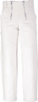 A pair of white work pants with zippers on the front.