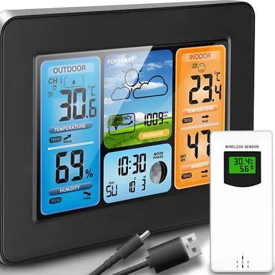 Produktbild von Funkwetterstation mit Farbdisplay & Außensensor Barometer Wettervorhersage Funk-Wetterstation Funkuhr Retoo