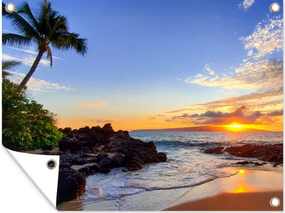 Produktbild von MuchoWow® 120x90 cm Outdoor-Poster Gartendeko Sichtschutz Garten Poster für den Garten  Strand - Meer - Sonnenuntergang - Hawaii