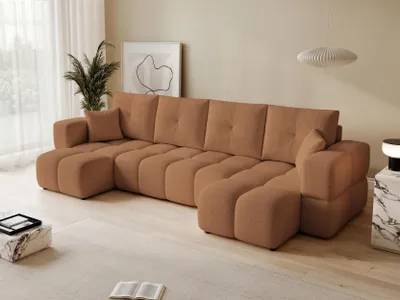 Produktbild von Idohome Polsterecksofa BUENO U mit Schlaffunktion und Bettkasten – Modernes Ecksofa mit Stauraum, Orange Bouclé Centaur 06