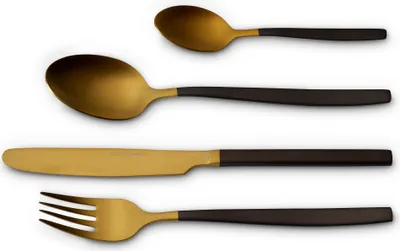 A set of four gold and black cutlery items arranged vertically against a white background.