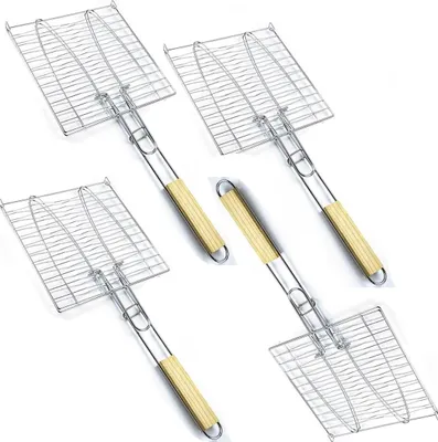 Obrázek produktu pro sada 4 grilů na ryby | gril na ryby o rozměrech 23,5 x 23,5 cm s dřevěnou rukojetí | koš na 2 ryby | držák na ryby se svorkou | grilovací kleště na zeleninu, krevety | skládací kleště na ryby | příslušenství ke grilování