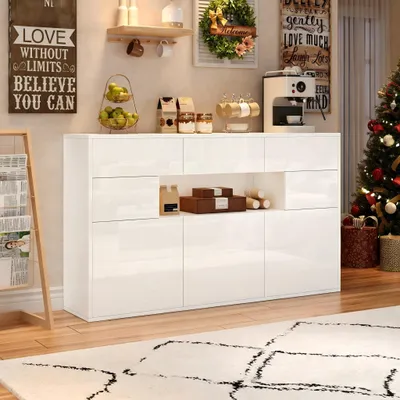 Obrázek produktu pro okwish Lesklá komoda se 3 zásuvkami a LED osvětlením, skříňka do obývacího pokoje s otevřenými policemi, bílá
