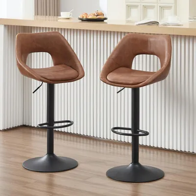 Immagine prodotto di Set di 2 sgabelli da bar, rivestiti in ecopelle, con altezza regolabile e rotazione a 360°, colore marrone