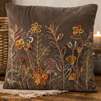 Produktbild von Dekokissen Florena Terra 45x45 cm Handbestickt Braun Floral