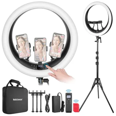Zdjęcie produktu dla NEEWER Ring Light RP19H, 19 cali, z statywem i 3 uchwytami na telefon, sterowanie 2.4G