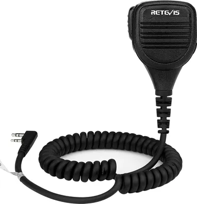 A black Retevis RS112 speaker microphone with a coiled cord and a two-pin connector.